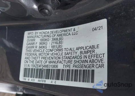 2021 Honda Insight Ex z USA, uszkodzony, nr VIN 19XZE4F54ME010806